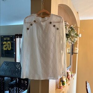 White Lace Long-Sleeve Blouse with Button Accent